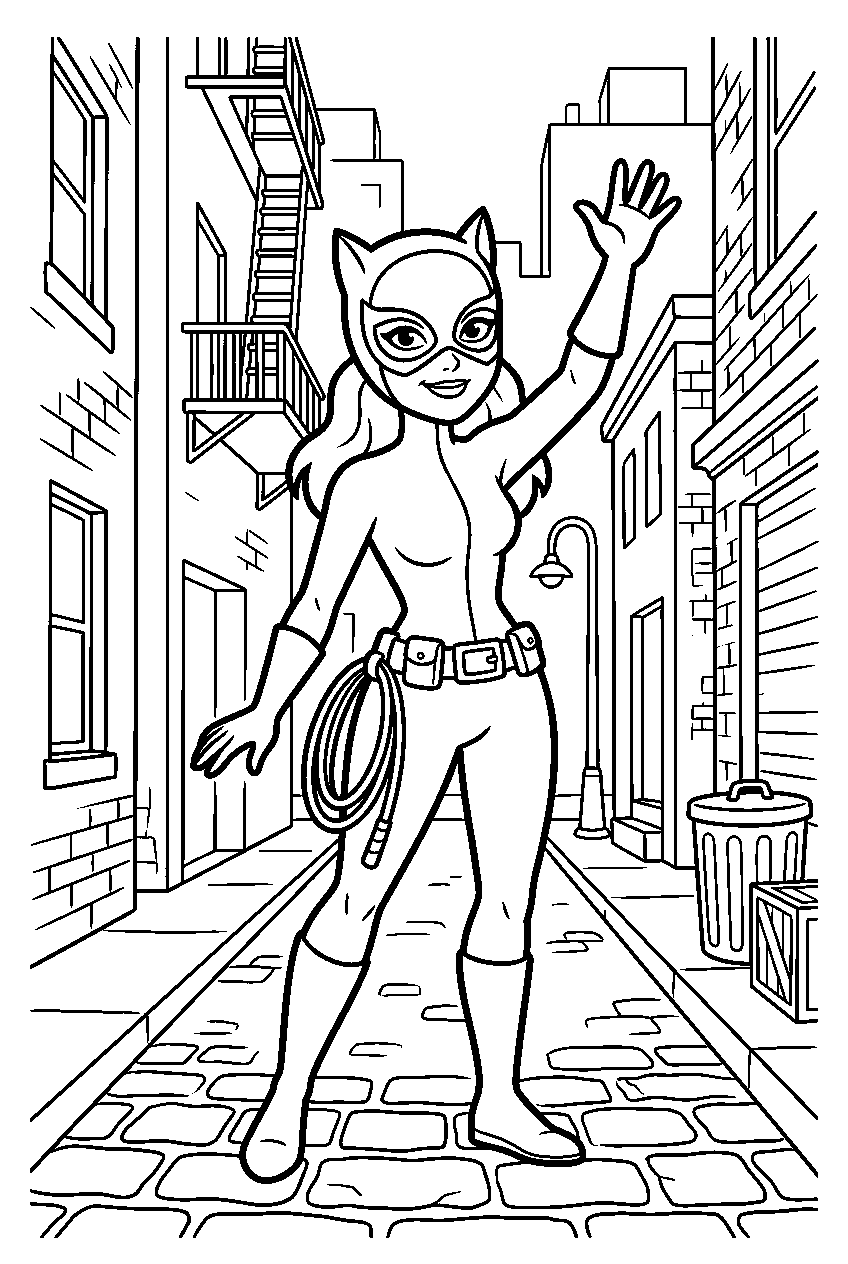 catwoman waving in gotham alley line art
