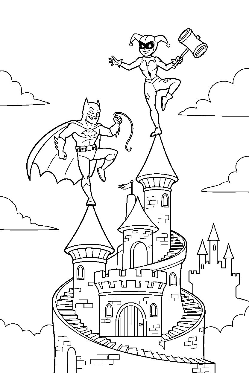batman harley quinn balancing in castle line art