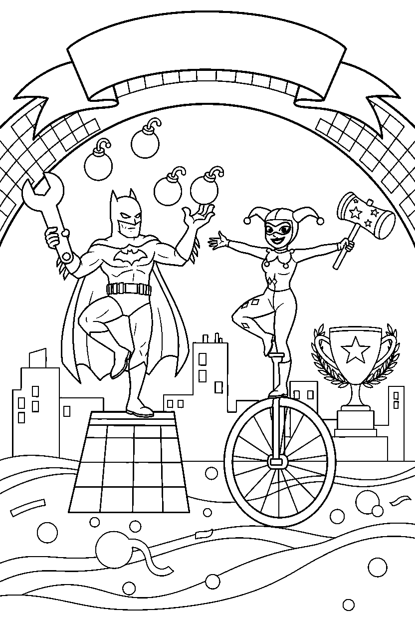batman harley quinn balancing in finish area line art
