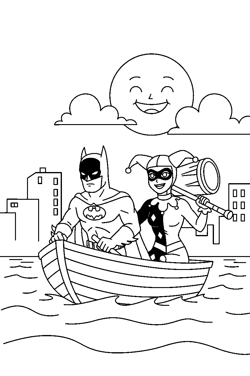 batman harley quinn exploring by water line art