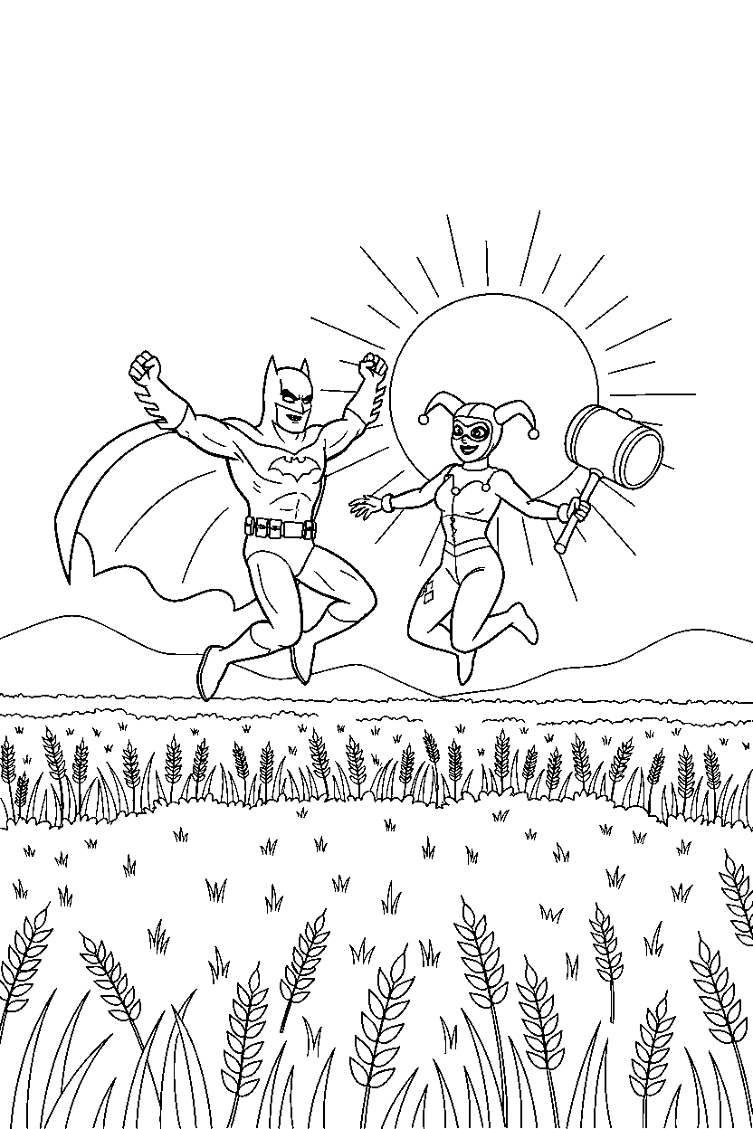batman harley quinn jumping in wheat field line art