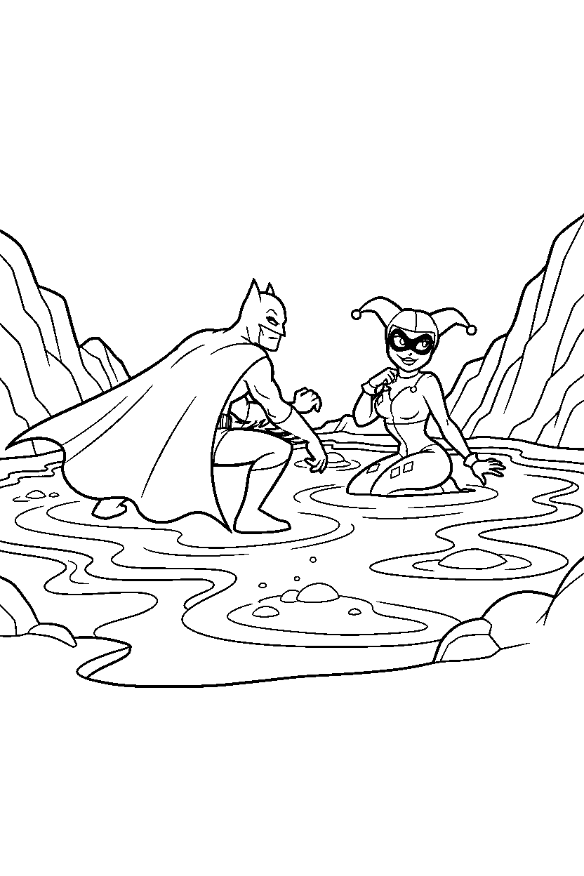 batman harley quinn looking around in lava area line art