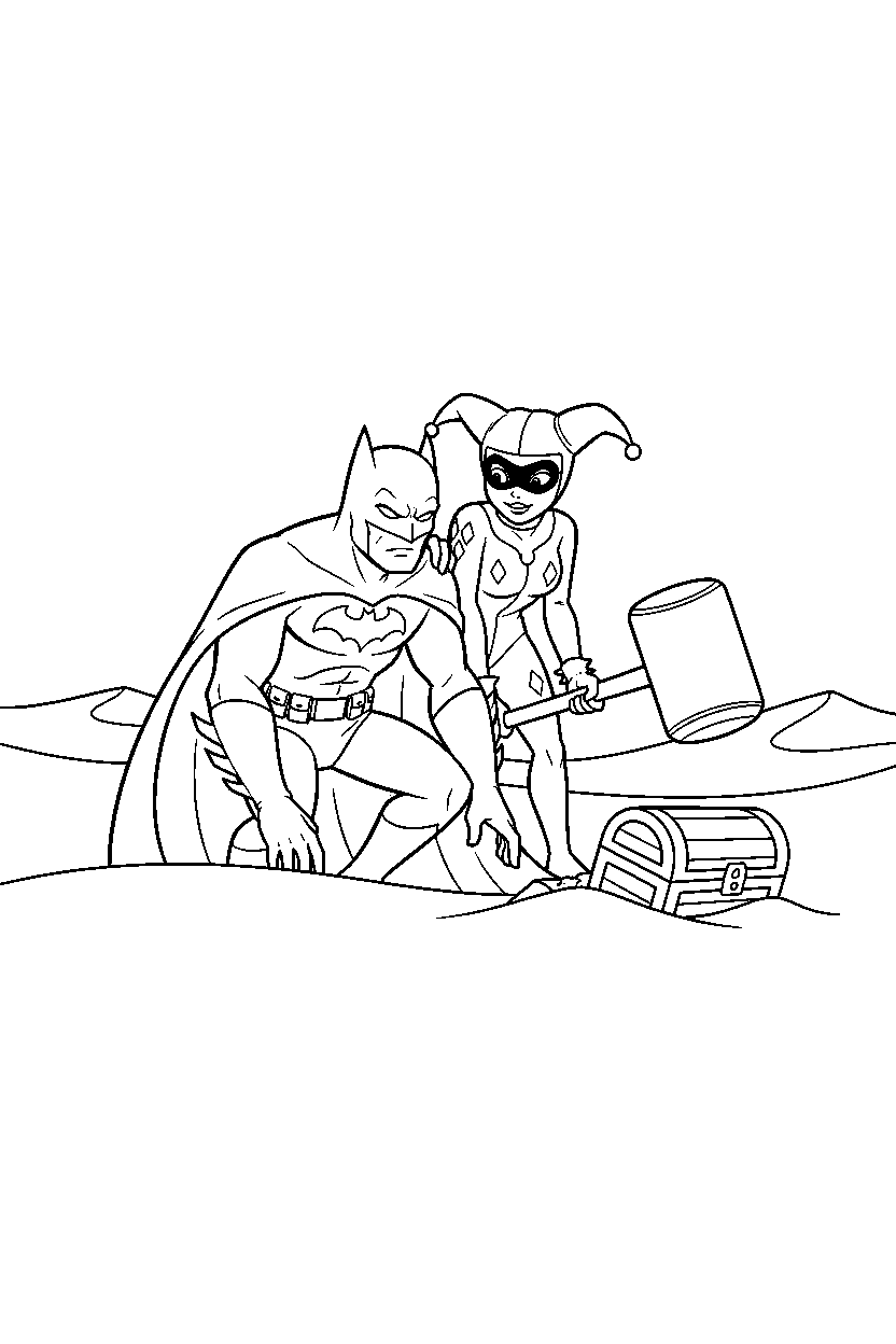 batman harley quinn observing in sand line art