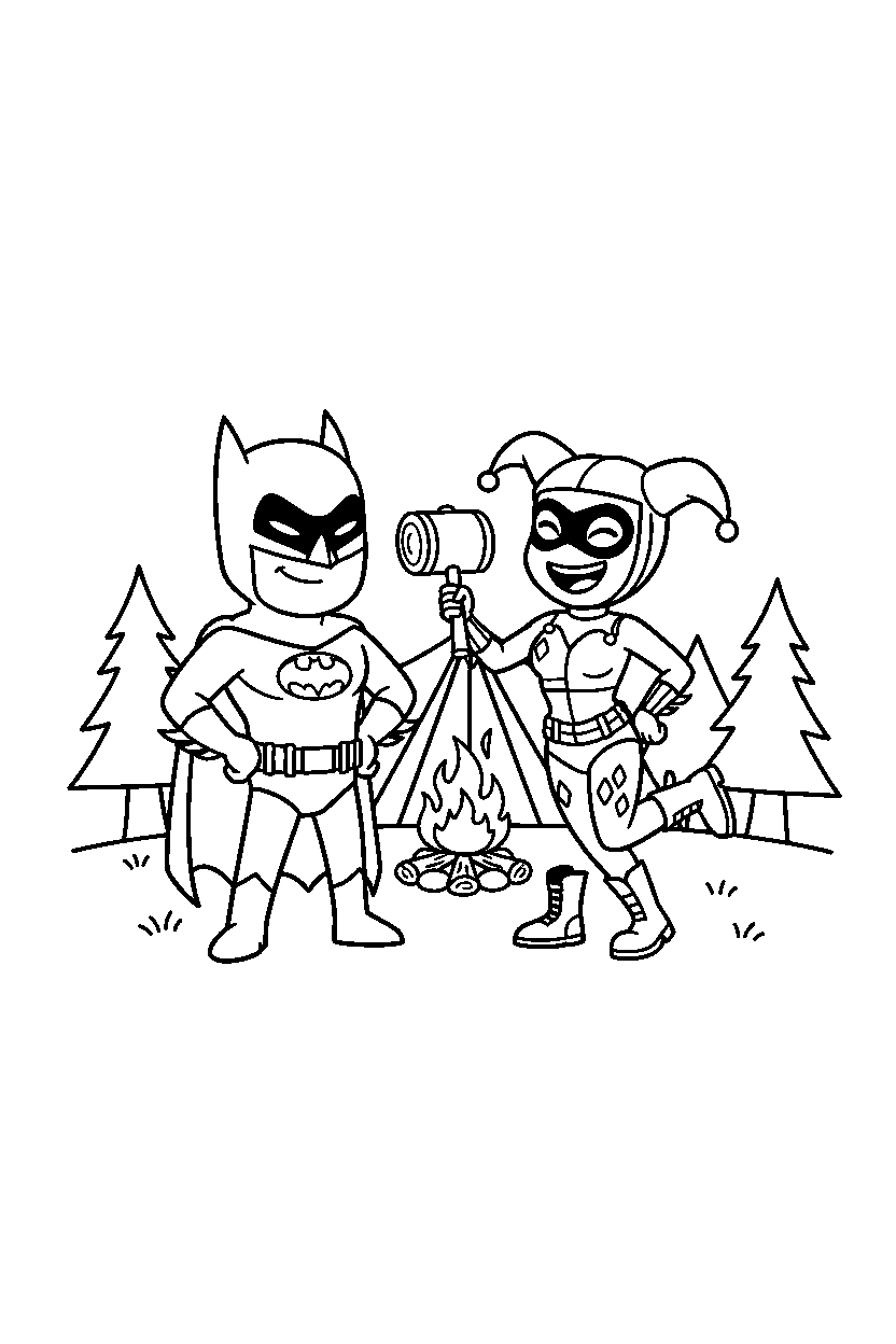batman harley quinn posing in camp area line art