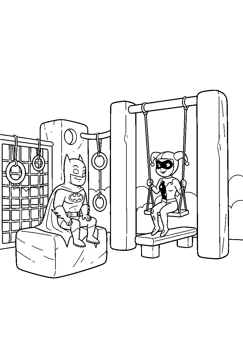 batman harley quinn sitting in obstacle course line art