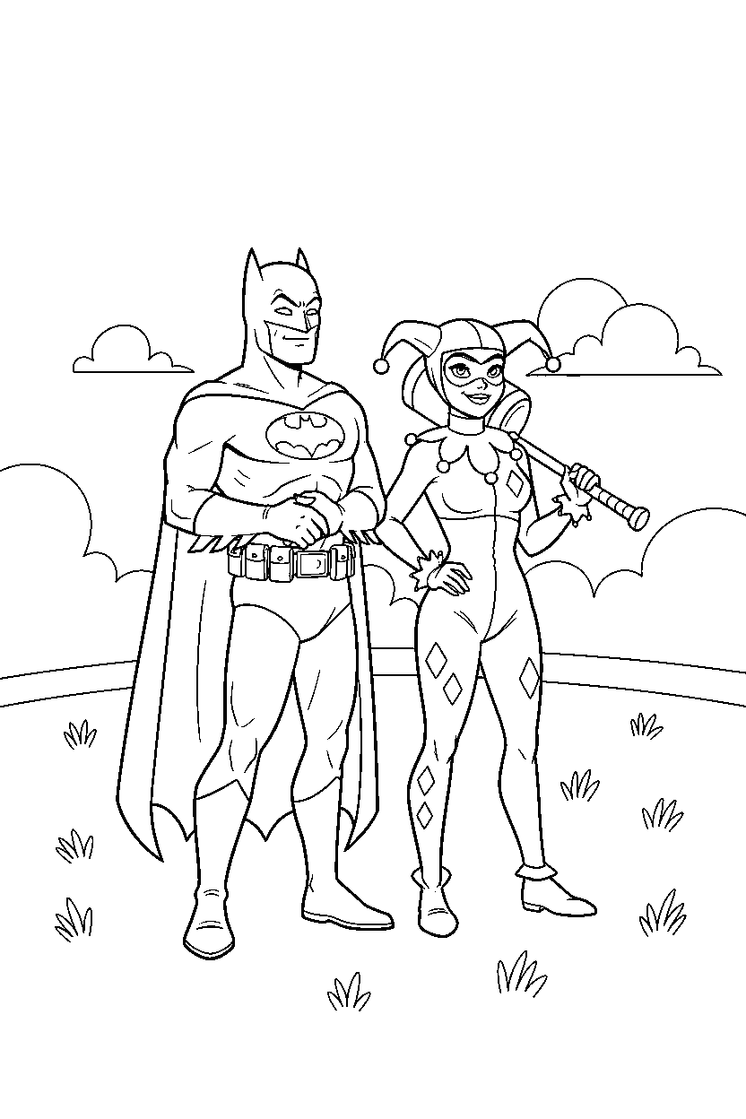 batman harley quinn standing calmly in open field line art