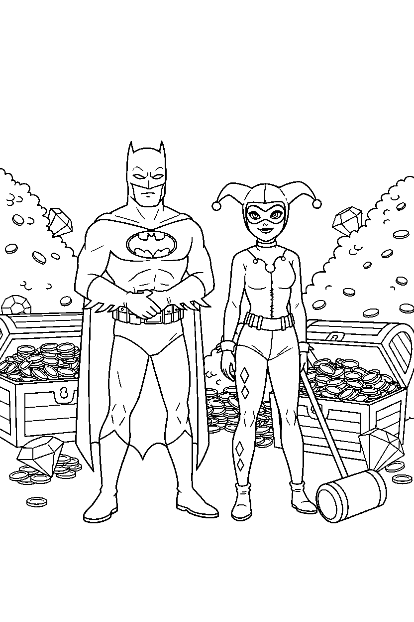 batman harley quinn standing calmly in treasure room line art