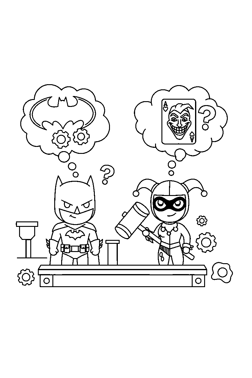 batman harley quinn thinking in level line art