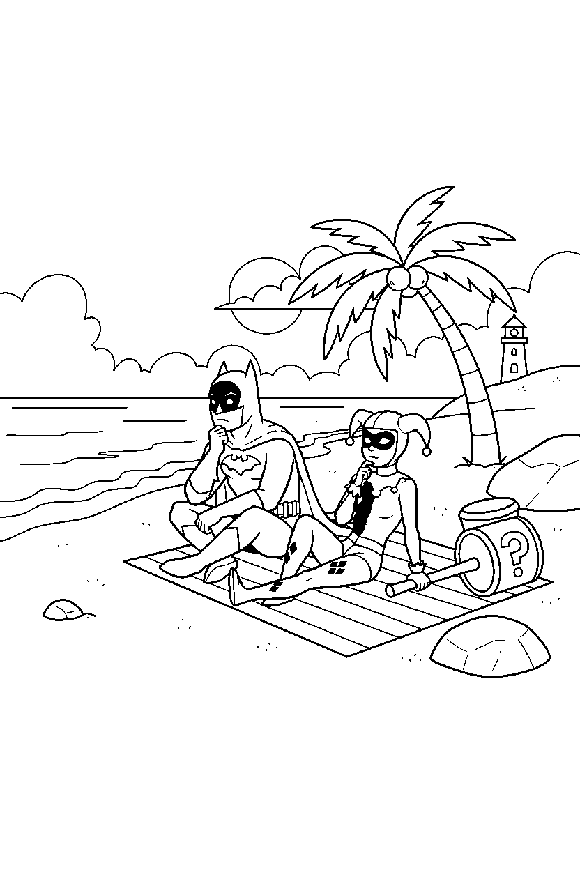 batman harley quinn thinking on beach line art