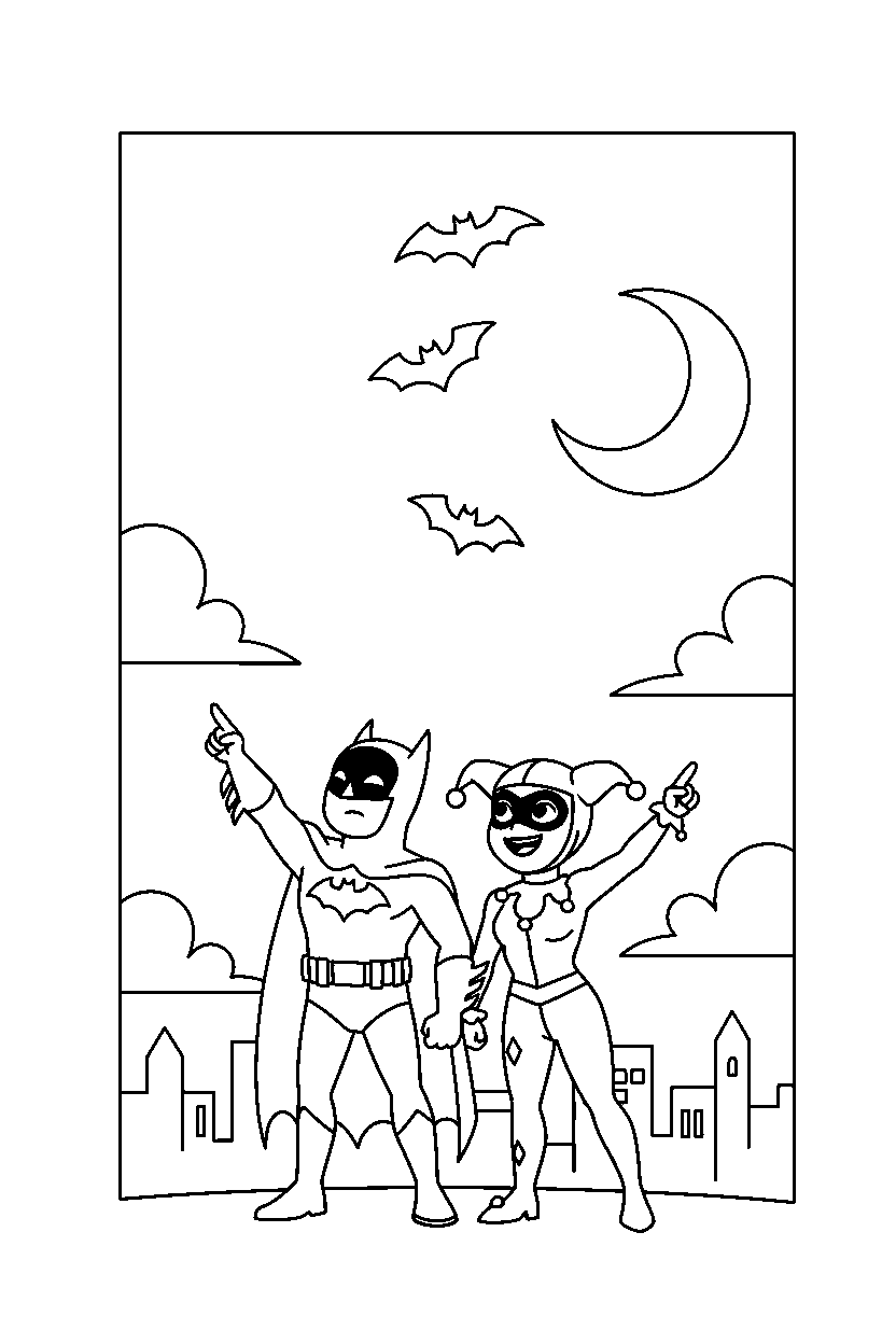 batman harley quinn watching in sky area line art