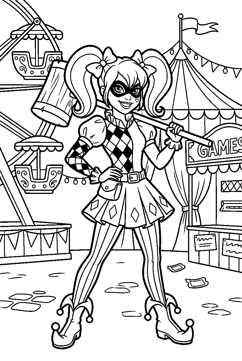 harley quinn posing in carnival grounds line art