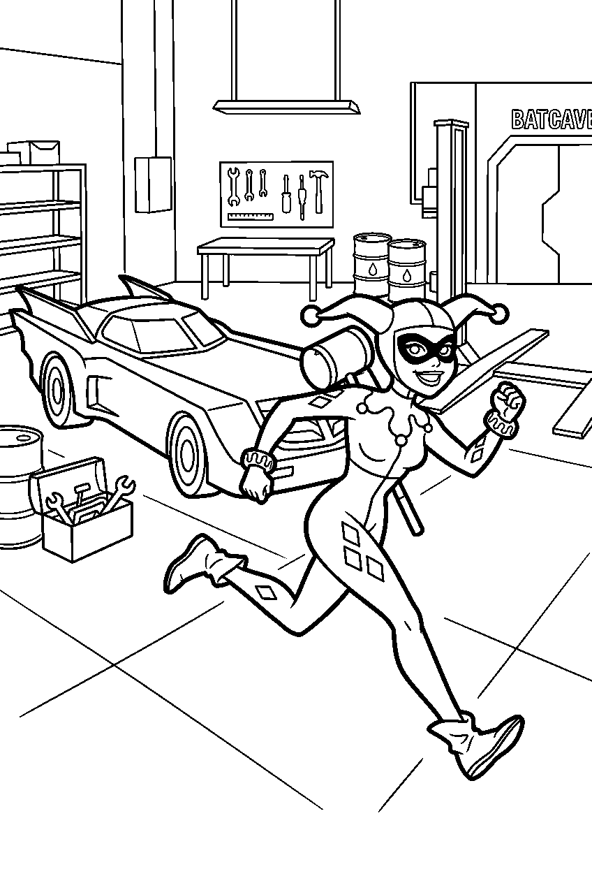 harley quinn running in batmobile garage line art