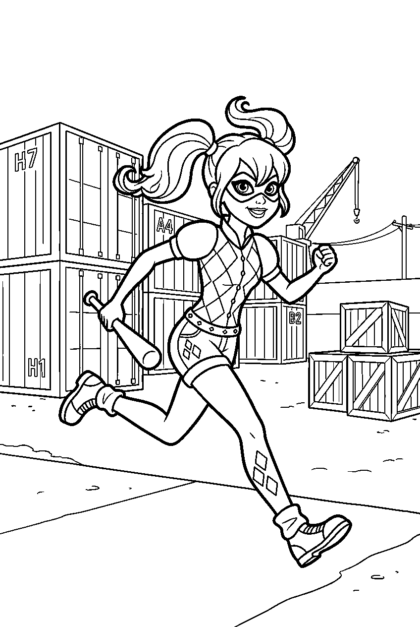 harley quinn running in shipping yard line art