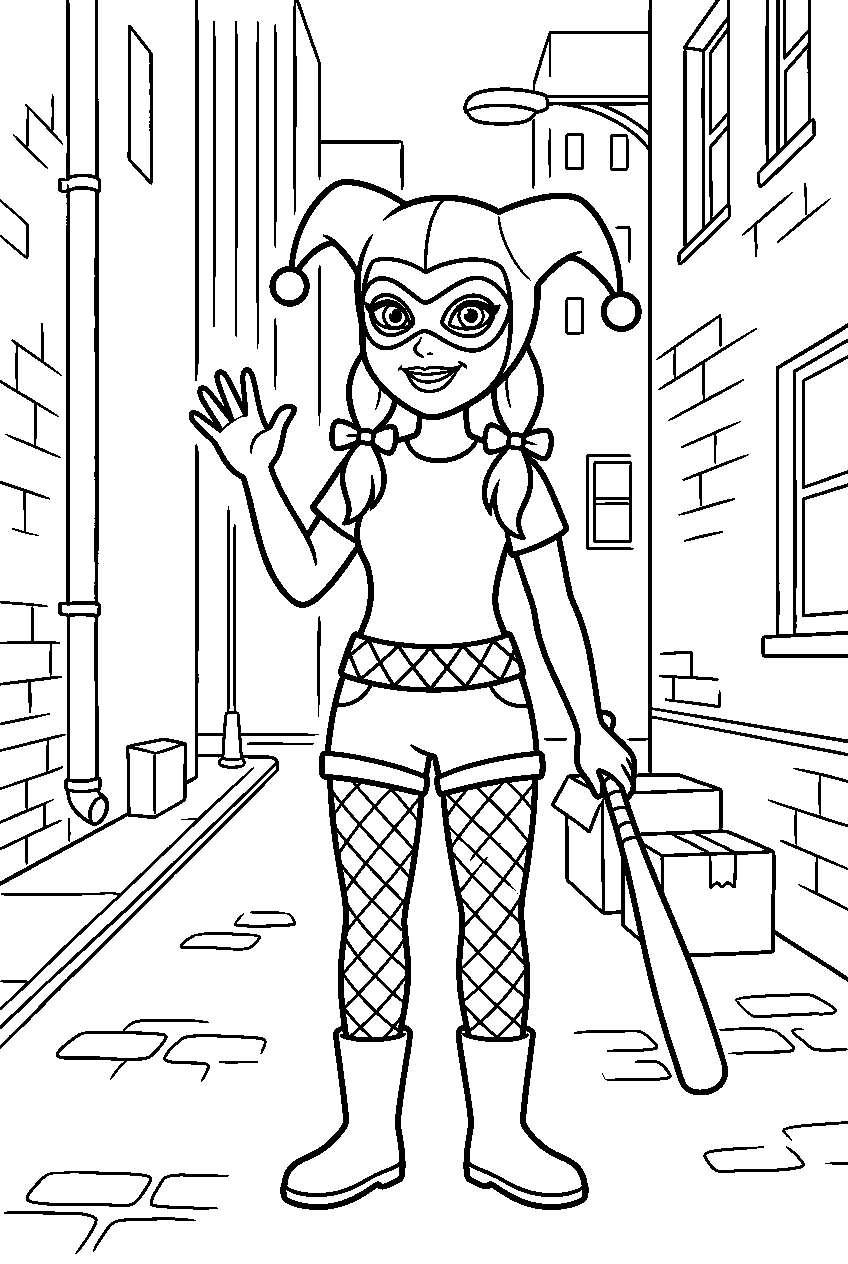 harley quinn waving in gotham alley line art