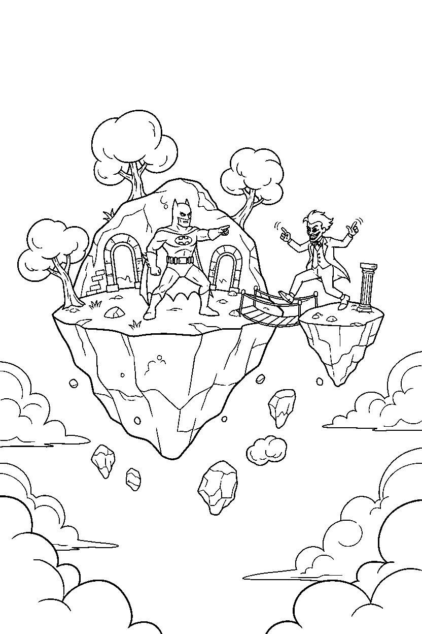 batman joker exploring in floating island line art