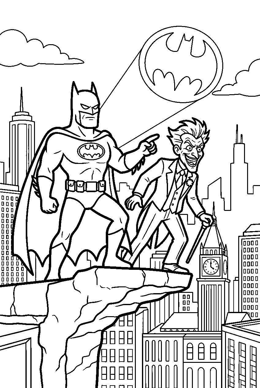 batman joker exploring in gotham skyline line art