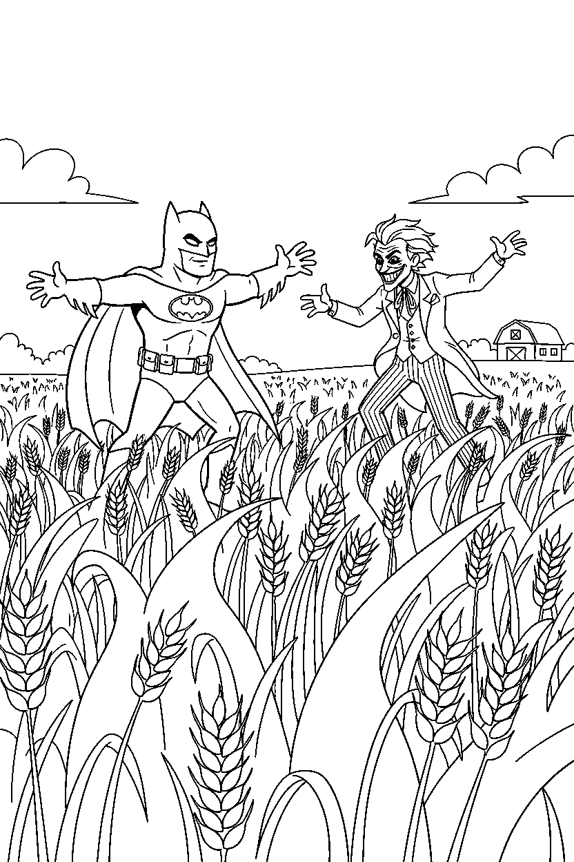 batman joker exploring in wheat field line art