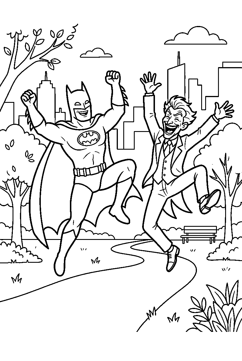 batman joker jumping in city park line art