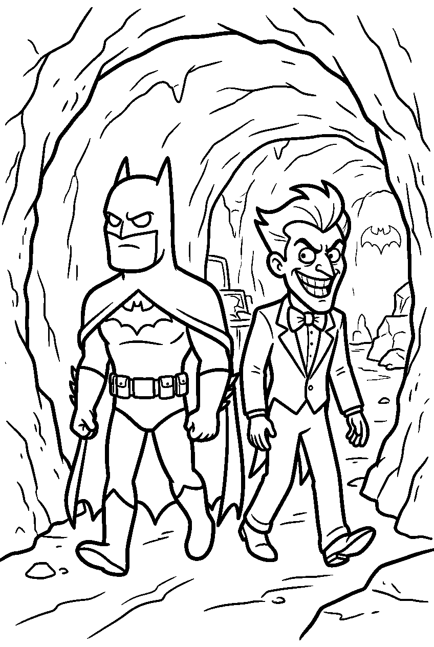 batman joker looking around in batcave tunnel line art