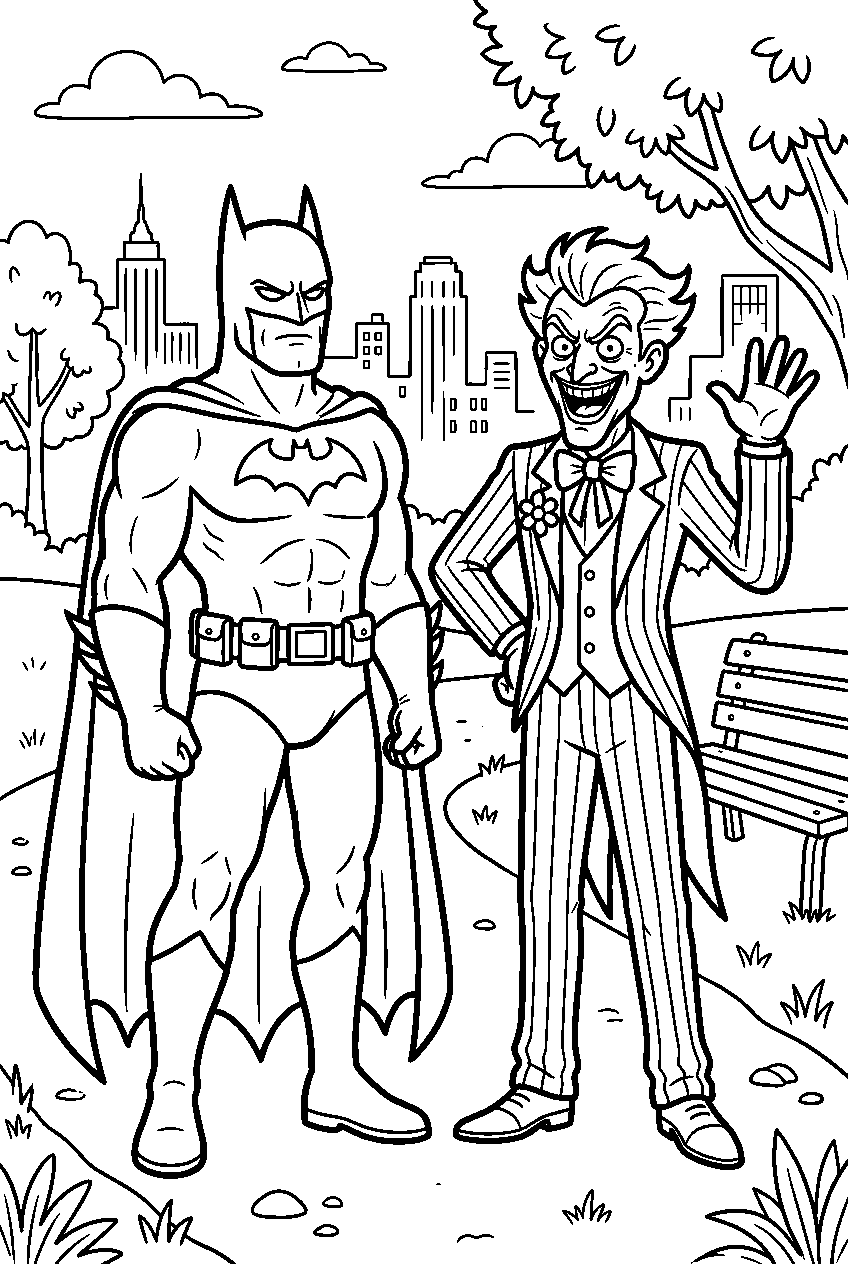batman joker posing in city park line art