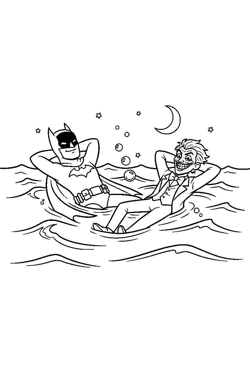 batman joker resting in ocean line art