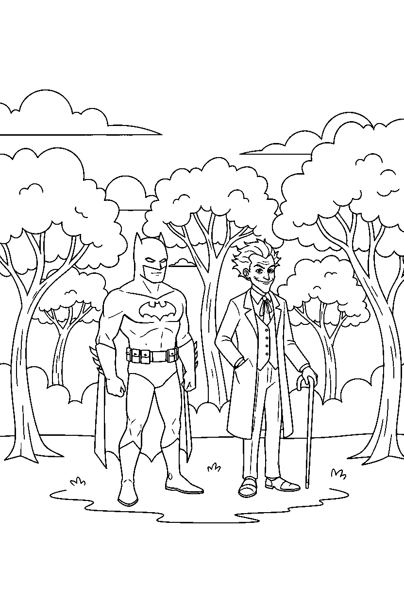 batman joker standing calmly in trees line art