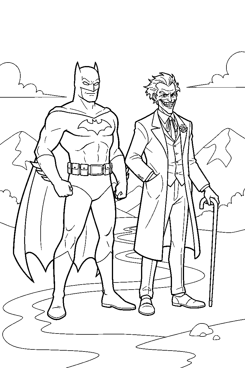 batman joker standing confidently in valley line art