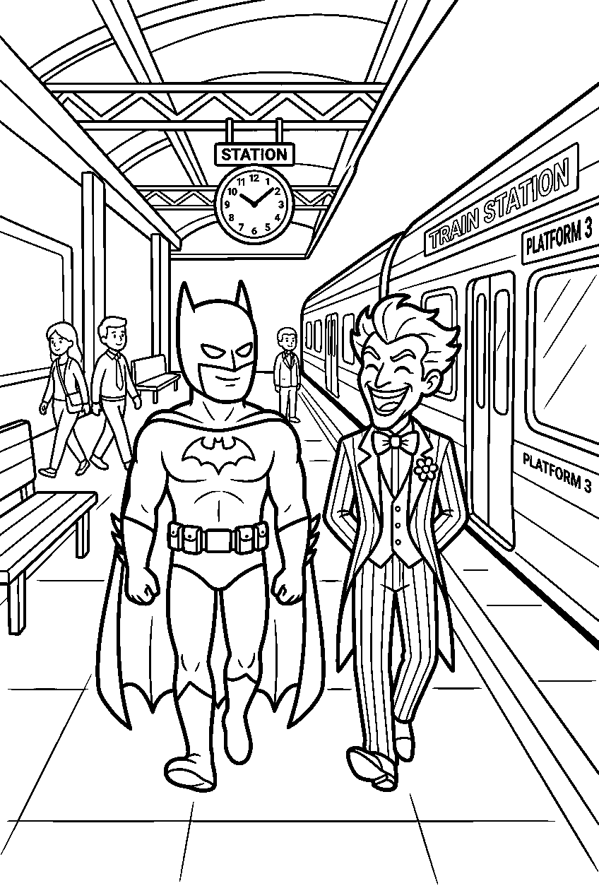 batman joker walking in train station line art