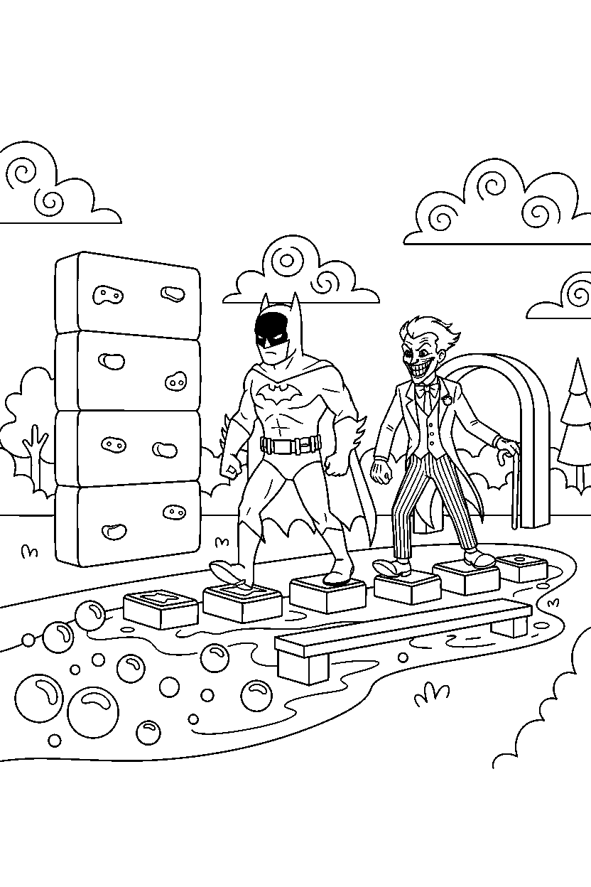 batman joker walking slowly in obstacle course line art