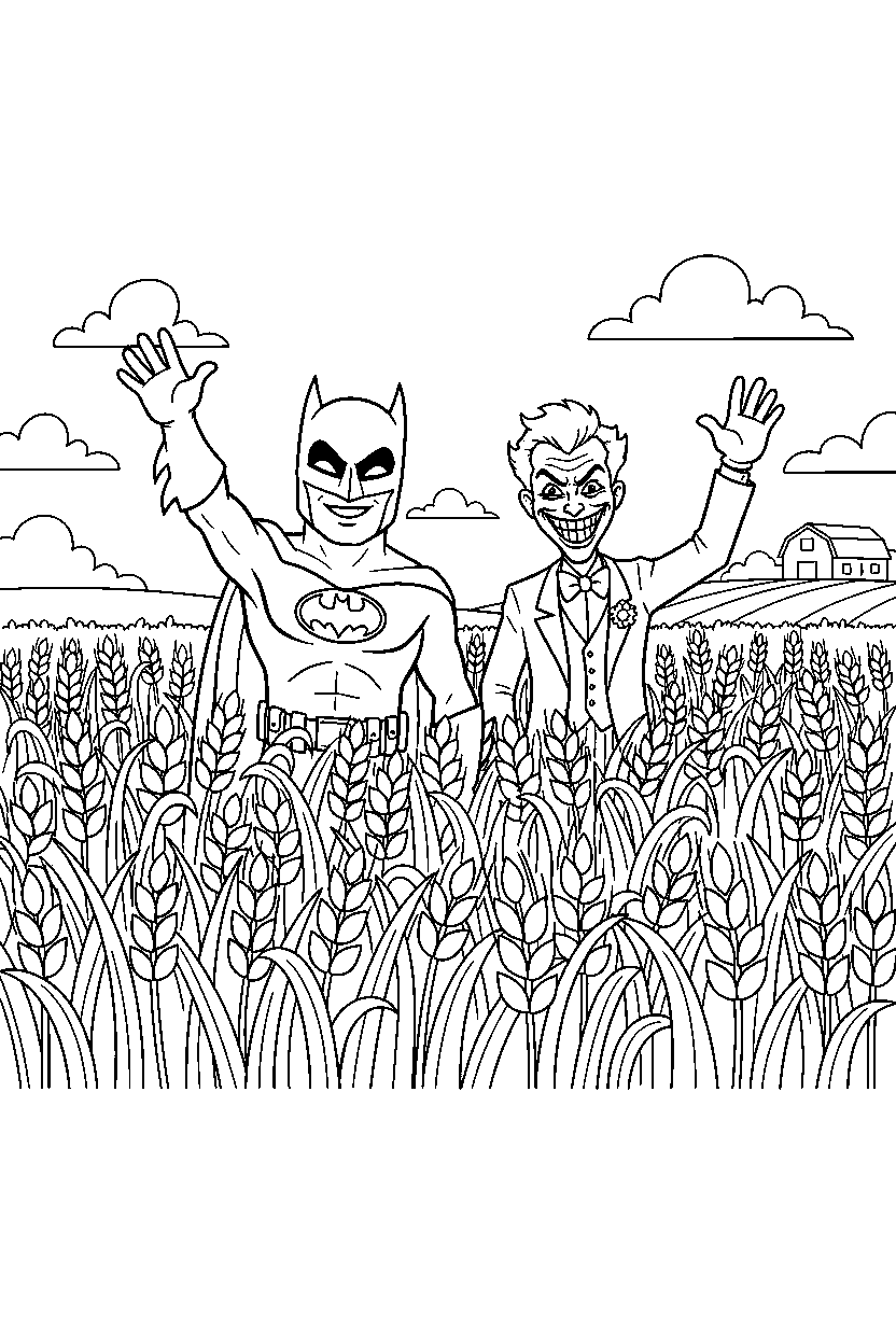 batman joker waving in wheat field line art