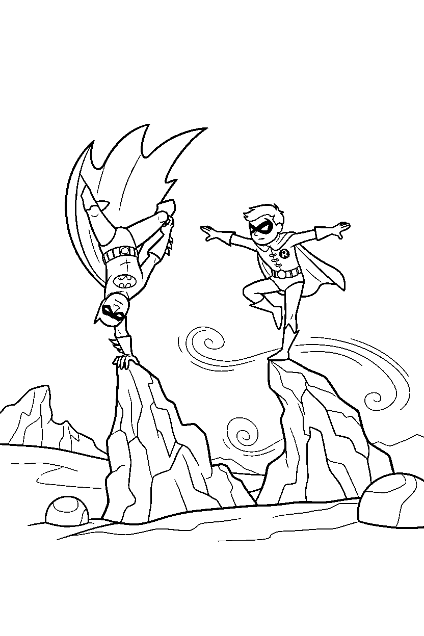 batman robin balancing in rocky area line art