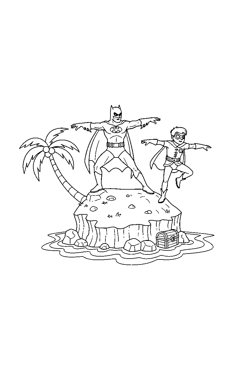 batman robin balancing on island line art