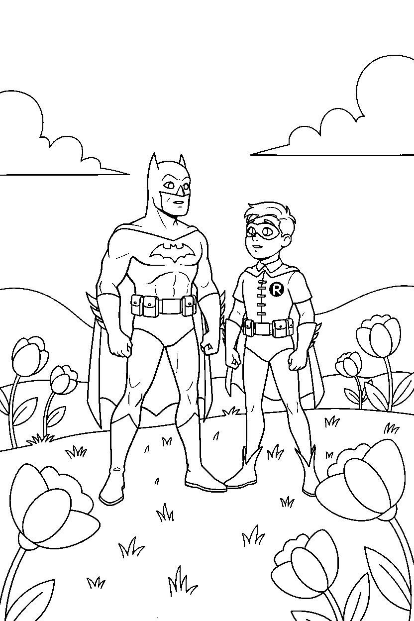 batman robin looking around in meadow line art
