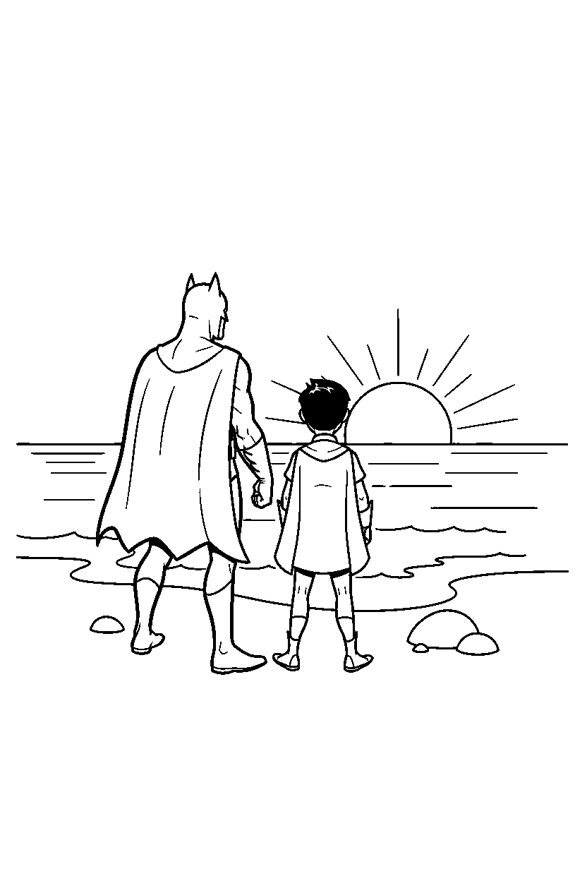 batman robin observing on beach line art