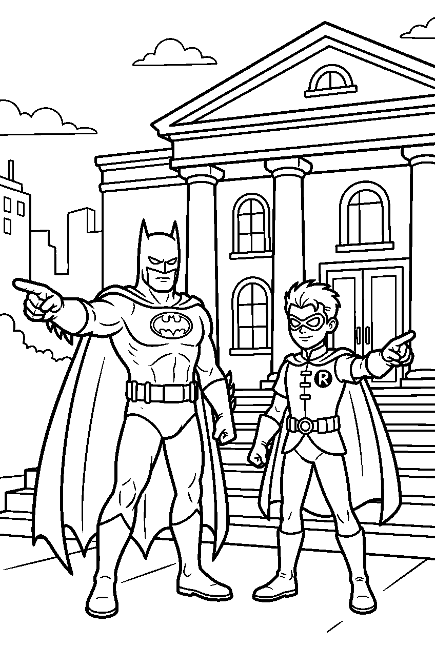 batman robin pointing in city courthouse line art