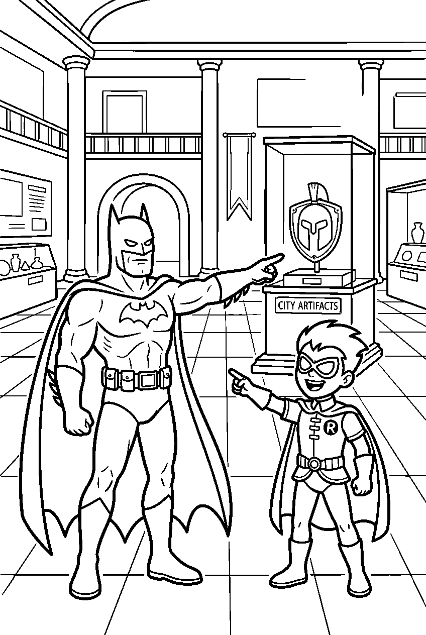 batman robin pointing in city museum line art