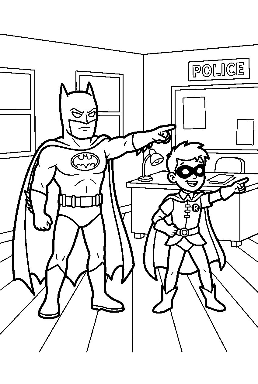 batman robin pointing in police headquarters line art