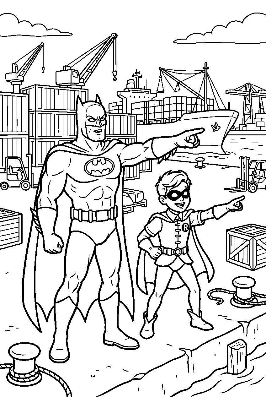 batman robin pointing in shipping yard line art