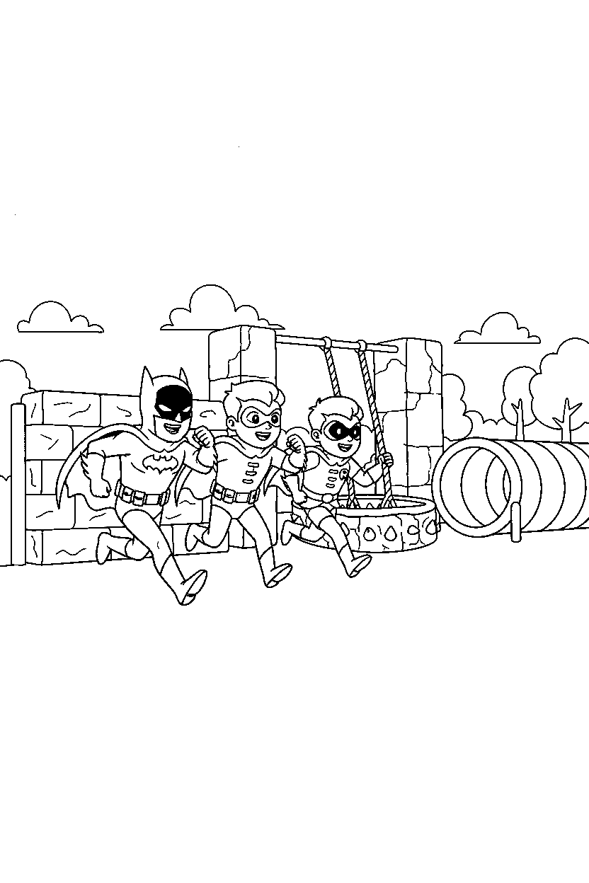batman robin running in obstacle course line art