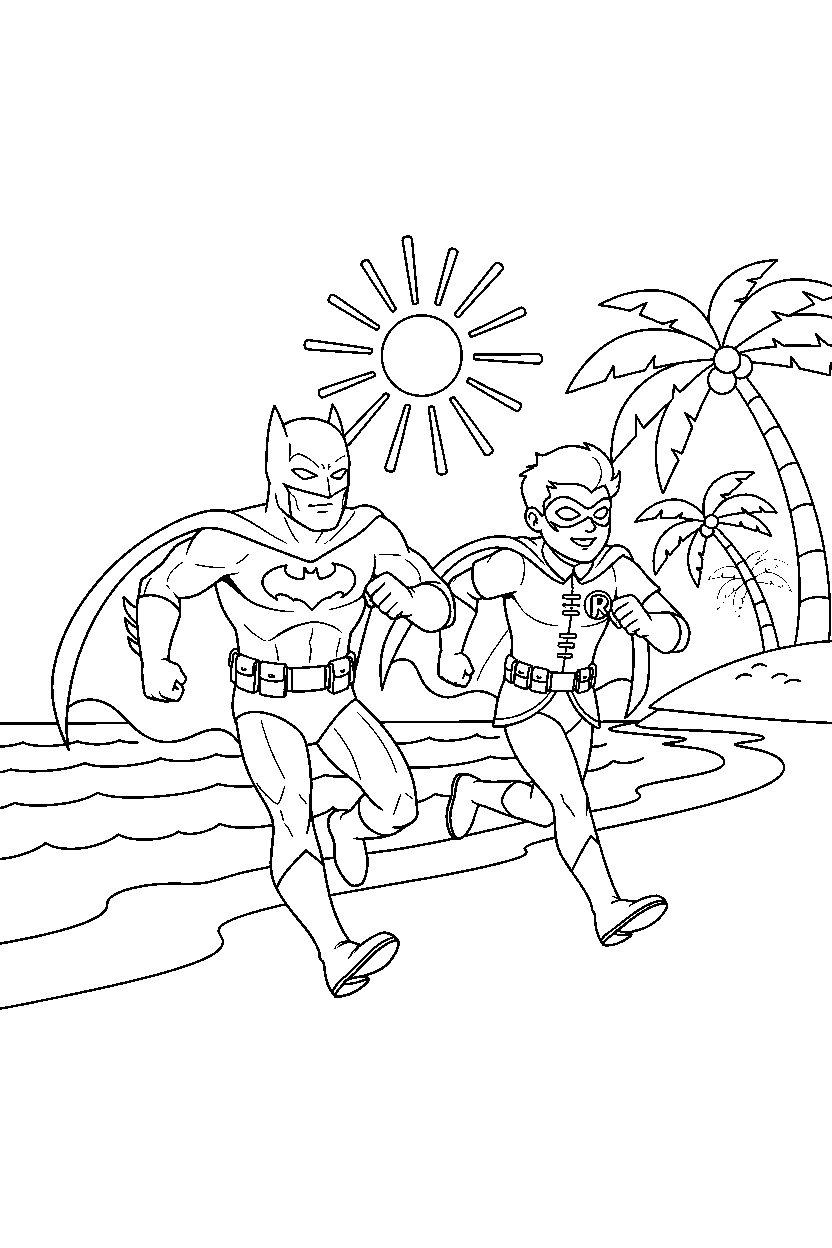 batman robin running on beach line art