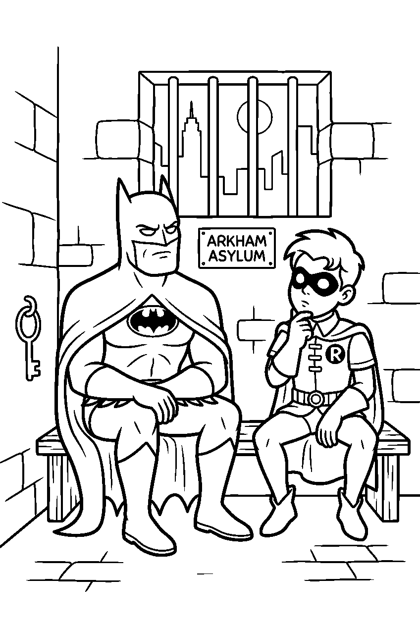 batman robin sitting in arkham asylum line art