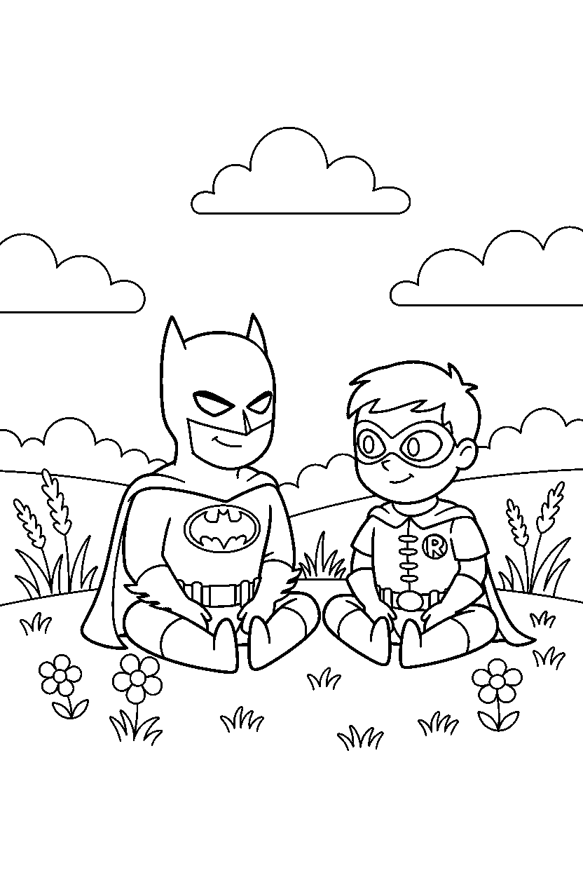 batman robin sitting in meadow line art