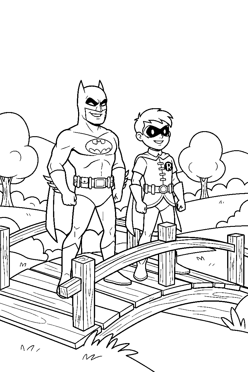 batman robin smiling on wooden bridge line art