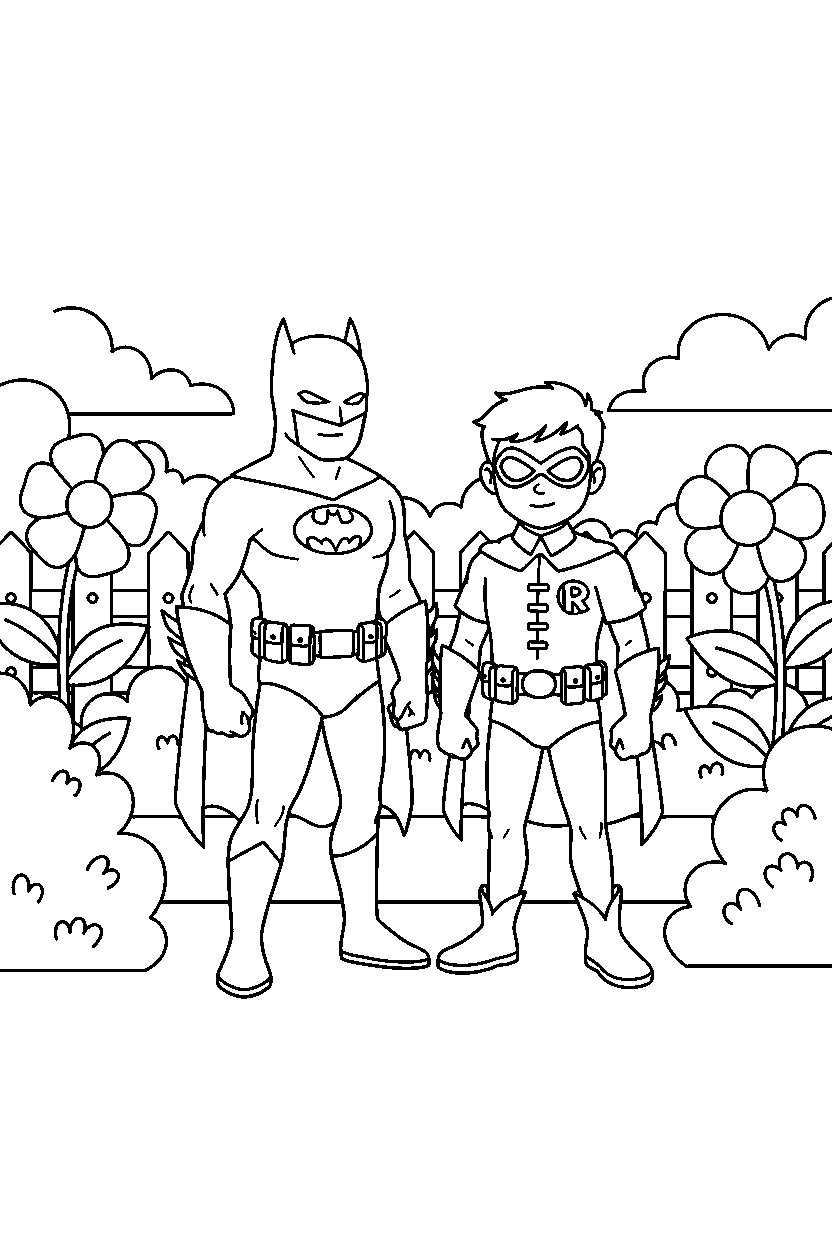 batman robin standing in garden line art