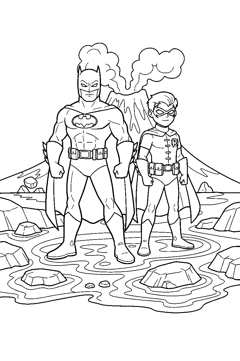 batman robin standing in lava area line art