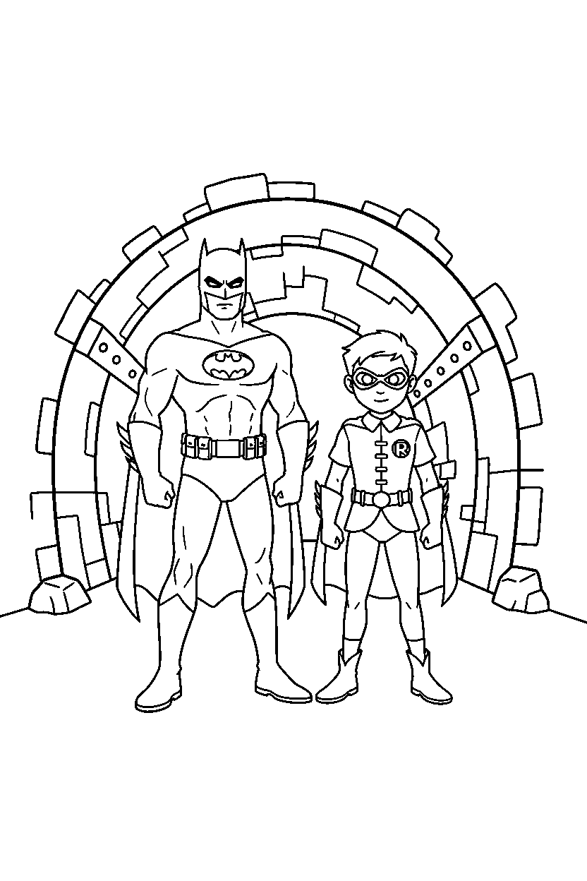 batman robin standing in tunnel line art