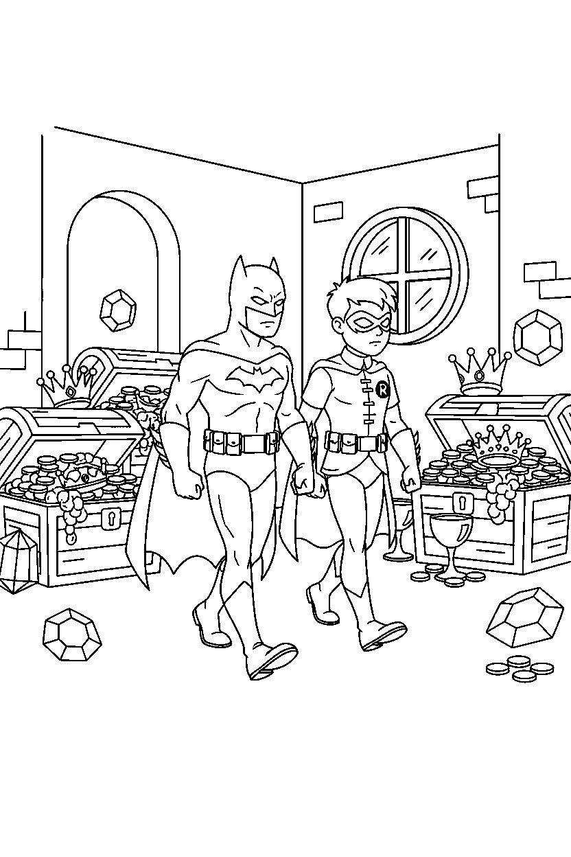batman robin walking slowly in treasure room line art
