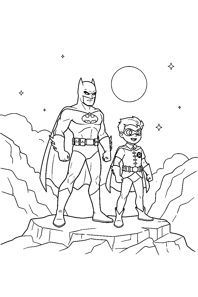 batman robin watching in rocky area line art