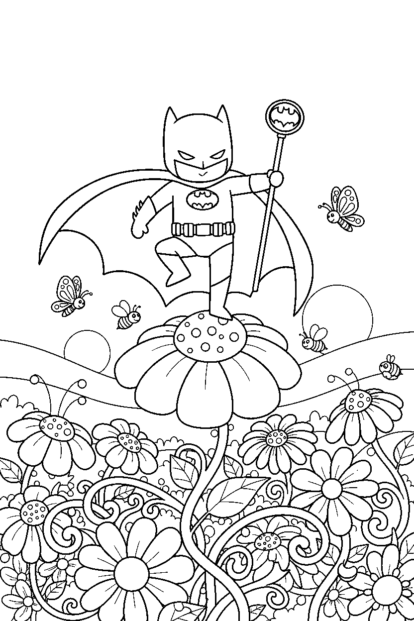 batman balancing in flower field line art