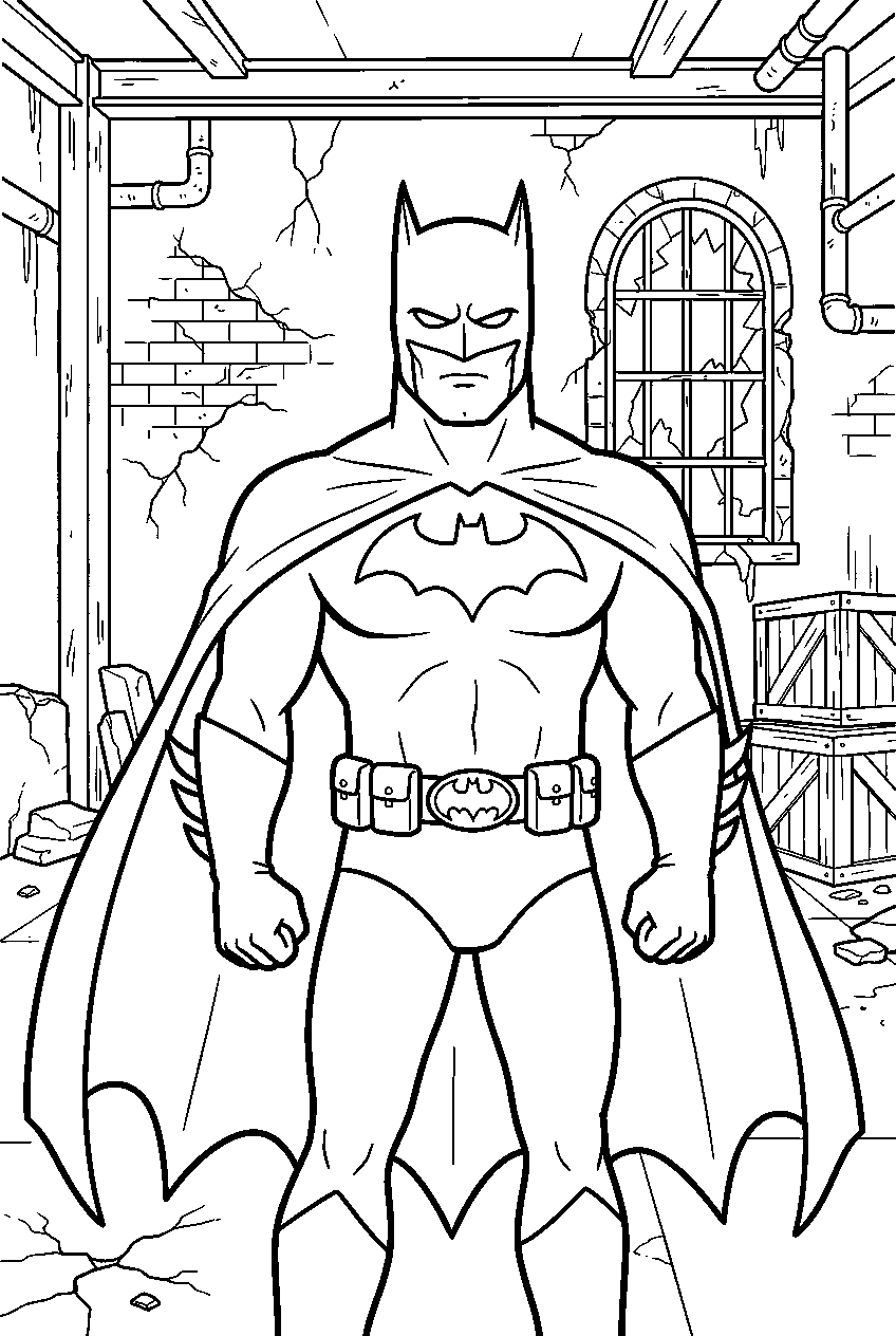 batman in abandoned warehouse line art